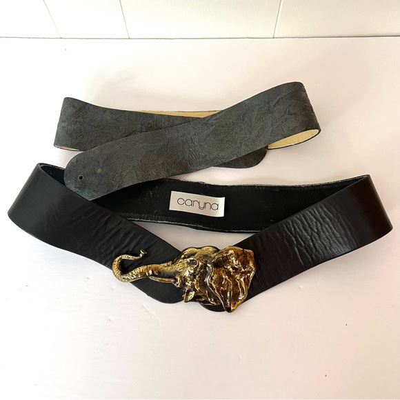 Vintage Elephant Buckle & Leather Belt Set of 2 - Picture 1 of 16